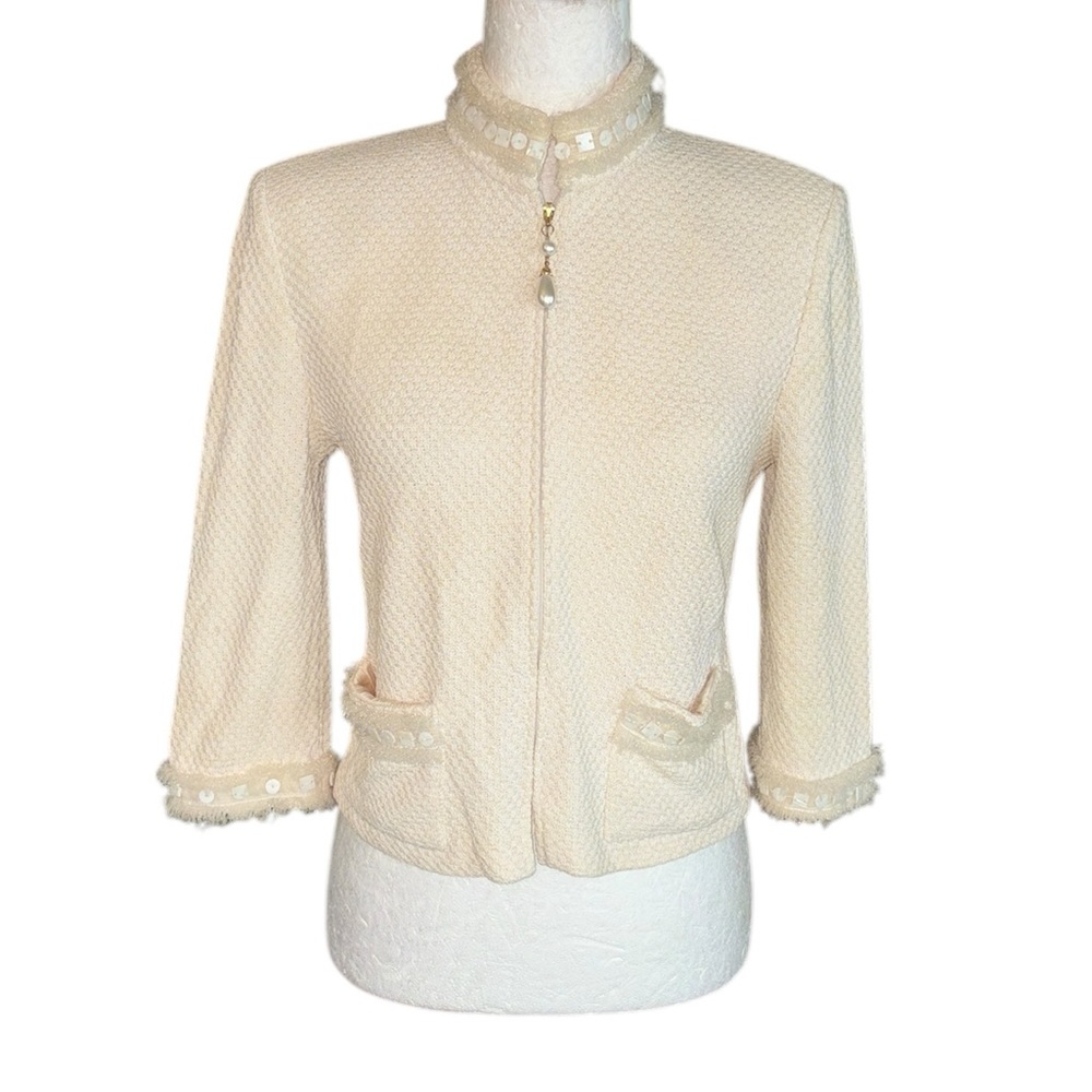 St. John Cream Tweed Knit Zip Front Embellished Fringe Trim Cropped Jacket - 6